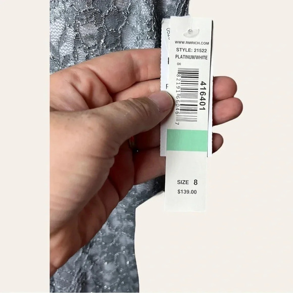 R&M RICHARDS OFF THE SHOULDER LACE GOWN SIZE 8 WHITE/SILVER/PLATINUM‎ IN COLOR - Picture 7 of 12